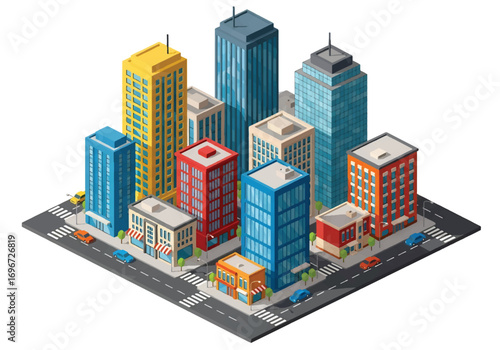 Isometric 3D illustration of a modern city downtown with skyscrapers, office buildings, streets, and cars, symbolizing urban life, business, architecture, and metropolitan development