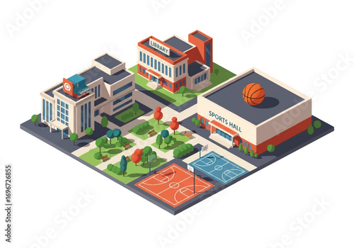 Isometric 3D illustration of a university campus with library, classrooms, green park, and basketball courts, symbolizing education, student life, sports, and academic learning in higher education