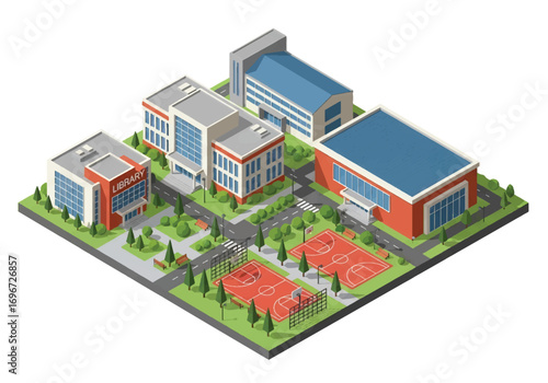 Isometric 3D illustration of a university campus with library, classrooms, green park, and basketball courts, symbolizing education, student life, sports, and academic learning in higher education