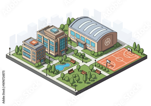 Isometric 3D illustration of a university campus with library, classrooms, green park, and basketball courts, symbolizing education, student life, sports, and academic learning in higher education