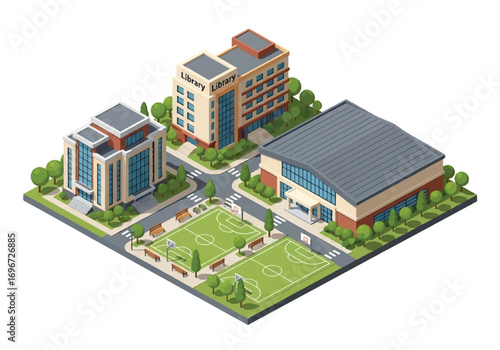 Isometric 3D illustration of a university campus with library, classrooms, green park, and basketball courts, symbolizing education, student life, sports, and academic learning in higher education