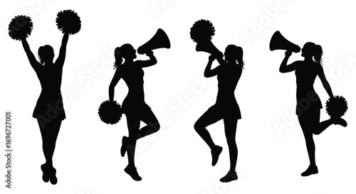 cheerleaders performing dynamic poses with pom poms and megaphones silhouette