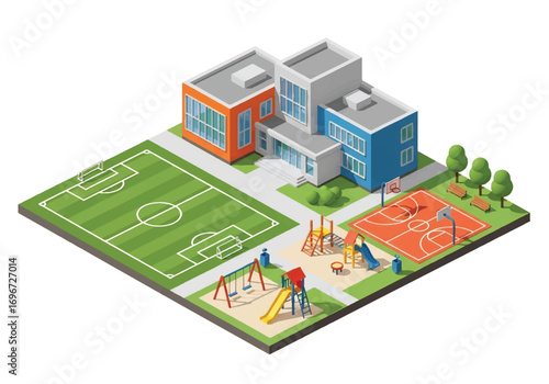 Isometric 3D illustration of a school with playground, soccer field, and basketball court, representing education, learning, sports, childhood, and student activities in a vibrant campus environment