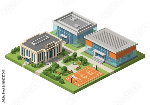 Isometric 3D illustration of a university campus with library, classrooms, green park, and basketball courts, symbolizing education, student life, sports, and academic learning in higher education