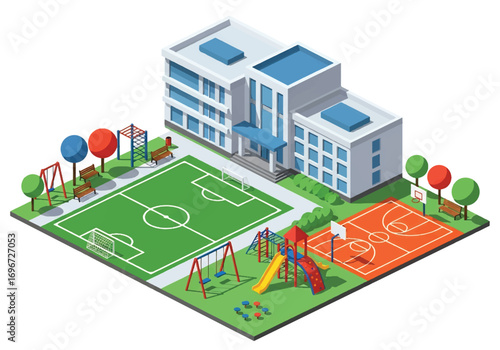 Isometric 3D illustration of a school with playground, soccer field, and basketball court, representing education, learning, sports, childhood, and student activities in a vibrant campus environment