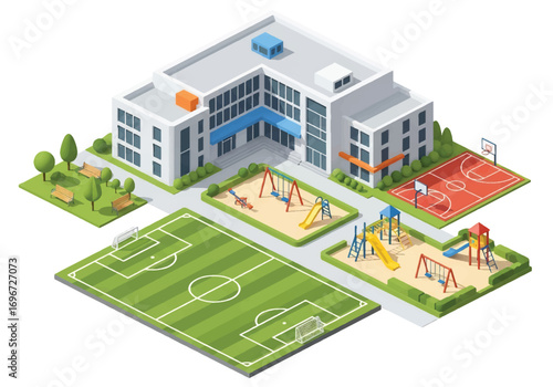 Isometric 3D illustration of a school with playground, soccer field, and basketball court, representing education, learning, sports, childhood, and student activities in a vibrant campus environment