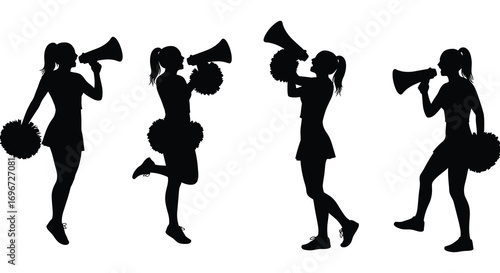 cheerleaders holding megaphones and pom poms silhouette