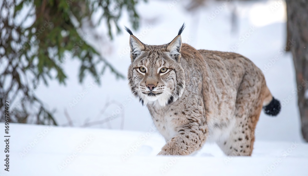 Obraz premium A majestic lynx strolls through a snowy forest landscape, its gaze focused and alert.