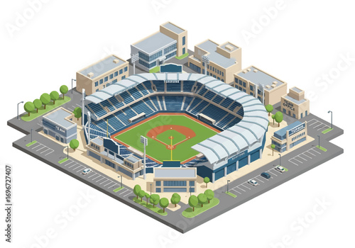 Isometric 3D view of a baseball stadium surrounded by team offices and facilities, showcasing field, stands, and lights, symbolizing sports, teamwork, competition, and fan entertainment