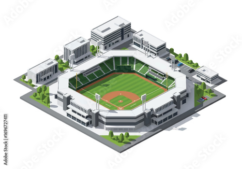 Isometric 3D view of a baseball stadium surrounded by team offices and facilities, showcasing field, stands, and lights, symbolizing sports, teamwork, competition, and fan entertainment