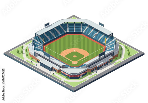 Isometric 3D view of a baseball stadium surrounded by team offices and facilities, showcasing field, stands, and lights, symbolizing sports, teamwork, competition, and fan entertainment