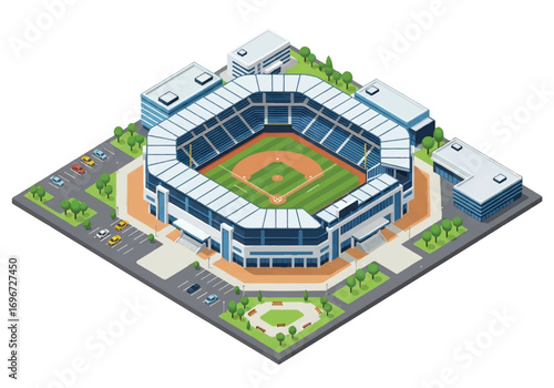 Isometric 3D view of a baseball stadium surrounded by team offices and facilities, showcasing field, stands, and lights, symbolizing sports, teamwork, competition, and fan entertainment