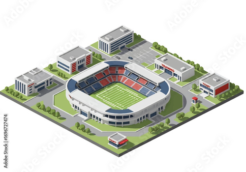 Isometric 3D view of a football stadium complex with field, stands, training facilities, and ticket offices, representing sports, competition, teamwork, and large-scale athletic events