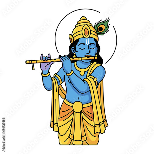 Illustration of Krishna playing the flute, adorned with a peacock feather, against a white background.