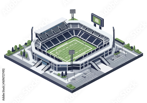 Isometric 3D view of a football stadium complex with field, stands, training facilities, and ticket offices, representing sports, competition, teamwork, and large-scale athletic events