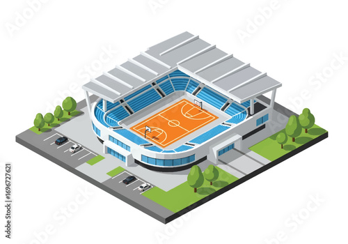 Isometric 3D view of a basketball arena with indoor court, seating, and modern architecture, representing sports, competition, teamwork, events, and athletic lifestyle concepts