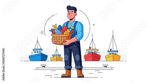 Harbor Harvest: An illustrated image of a fisherman proudly displays his catch of vibrant, freshly caught fish, against a backdrop of serene boats, and the promise of a bountiful day on the water.