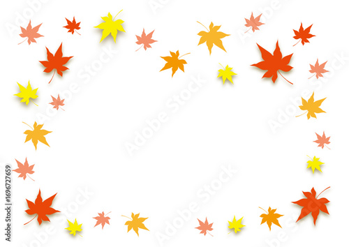 秋のフレーム。白背景に舞う紅葉のモミジ。赤、オレンジ、黄色と染まった紅葉の葉。
Autumn frame. Maple leaves dancing on a white background. Autumn leaves dyed red, orange, and yellow.