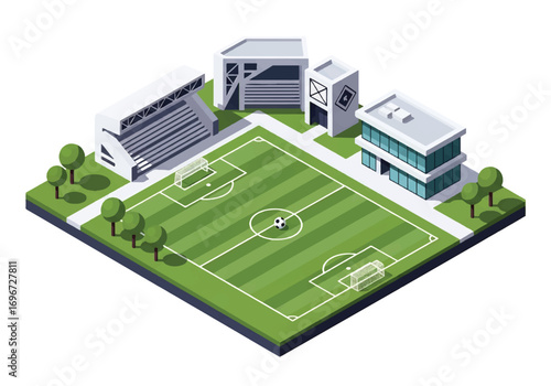 Isometric 3D view of a small soccer stadium with field, goals, stands, benches, and floodlights, representing sports, teamwork, competition, recreation, and athletic lifestyle concepts