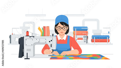 Fashion Crafting: A focused fashion designer expertly manipulates fabric at her sewing machine in a brightly illuminated workroom, embodying the essence of design.