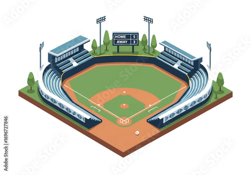 Isometric 3D view of a small baseball stadium with field, stands, scoreboard, and lighting, representing sports, competition, teamwork, recreation, and outdoor event concepts.
