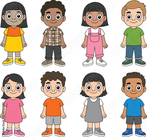 Cartoon children standing in different outfits, diverse boys and girls characters for education, animation, classroom, posters, and design use