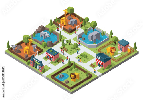 Isometric 3D view of a zoo with animal enclosures featuring lions, giraffes, tigers, polar bears, penguins, and seals, representing wildlife, conservation, family recreation, and tourism concepts