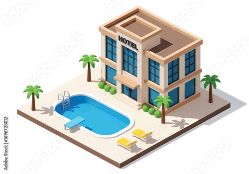 Isometric 3D view of a modern hotel with swimming pool, sun loungers, umbrellas, and landscaped area, representing travel, tourism, vacation, hospitality, and leisure lifestyle concepts