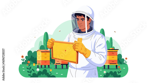 Beekeeper's Inspection: An illustrated image of a beekeeper wearing protective gear examines a honeycomb frame, showcasing the beauty and essence of beekeeping practices.