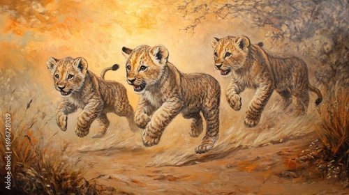 Three Playful Lion Cubs Running Across a Golden Savannah Landscape