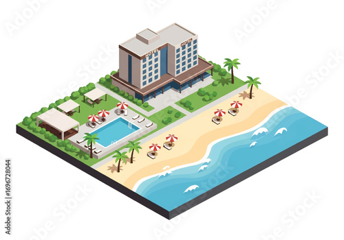 Isometric 3D view of a seaside resort with hotel, swimming pool, beach umbrellas, palm trees, and boats, representing travel, vacation, tourism, leisure, and luxury lifestyle concepts