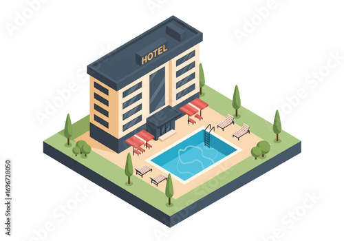Isometric 3D view of a modern hotel with swimming pool, sun loungers, umbrellas, and landscaped area, representing travel, tourism, vacation, hospitality, and leisure lifestyle concepts