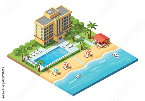 Isometric 3D view of a seaside resort with hotel, swimming pool, beach umbrellas, palm trees, and boats, representing travel, vacation, tourism, leisure, and luxury lifestyle concepts