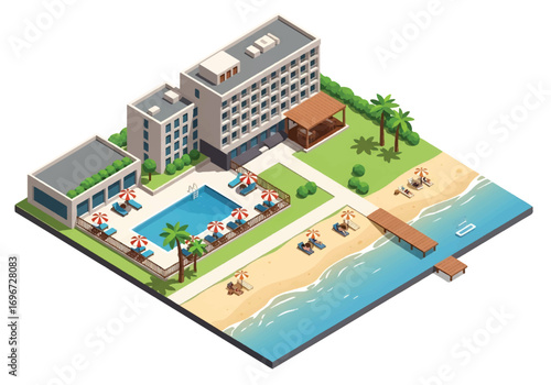 Isometric 3D view of a seaside resort with hotel, swimming pool, beach umbrellas, palm trees, and boats, representing travel, vacation, tourism, leisure, and luxury lifestyle concepts