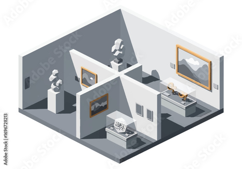 Isometric 3D view of an art museum with sculptures, paintings, and artifacts in display cases, representing culture, history, creativity, and exhibition concepts