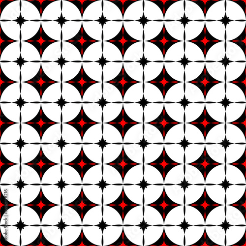 Seamless ornamental pattern in black, white, and red. Circular motifs combined with morning star shapes form a striking decorative design. The bold color contrast and structured geometry create an eff