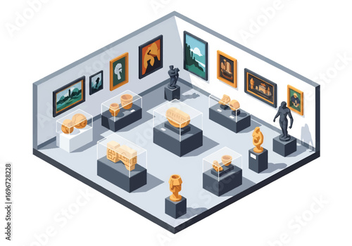 Isometric 3D view of an art museum with sculptures, paintings, and artifacts in display cases, representing culture, history, creativity, and exhibition concepts