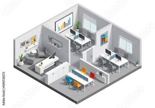 Isometric 3D view of a modern office interior with desks, computers, meeting room, lounge area, and plants, representing workplace, teamwork, business environment, and corporate lifestyle concepts