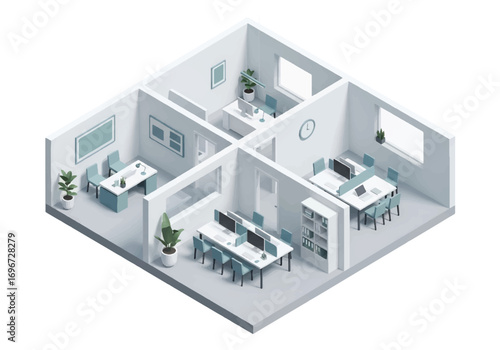 Isometric 3D view of a modern office interior with desks, computers, meeting room, lounge area, and plants, representing workplace, teamwork, business environment, and corporate lifestyle concepts