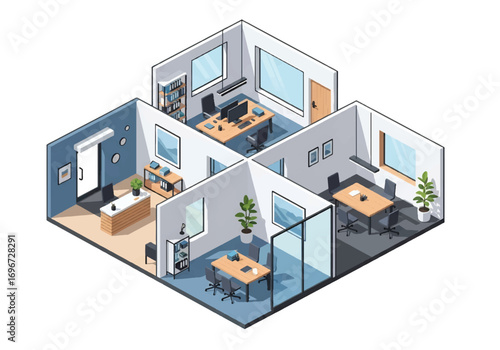 Isometric 3D view of a modern office interior with desks, computers, meeting room, lounge area, and plants, representing workplace, teamwork, business environment, and corporate lifestyle concepts