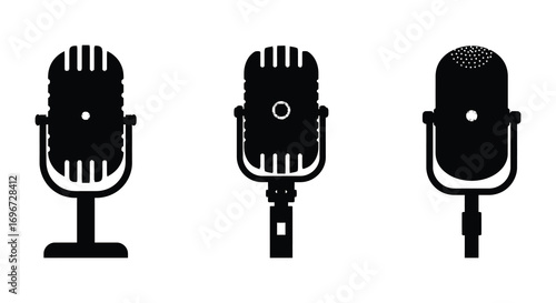 three vintage microphones displayed side by side silhouette