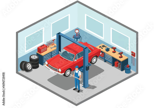 Isometric 3D view of an auto repair shop with mechanic, car lift, tools, tires, and equipment, representing vehicle maintenance, automotive service, workshop, and transportation concepts