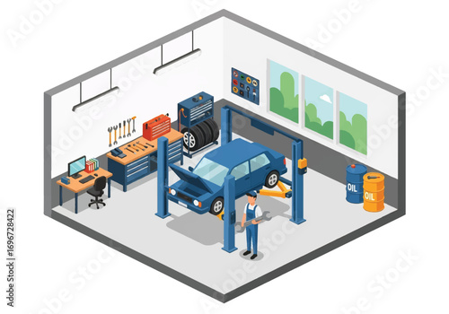 Isometric 3D view of an auto repair shop with mechanic, car lift, tools, tires, and equipment, representing vehicle maintenance, automotive service, workshop, and transportation concepts