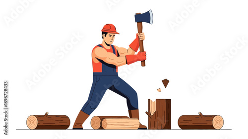 Lumberjack at work: A focused lumberjack in a hard hat wields an axe, expertly splitting a log, representing hard work and resourcefulness.