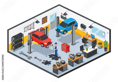 Isometric 3D view of an auto repair shop with mechanic, car lift, tools, tires, and equipment, representing vehicle maintenance, automotive service, workshop, and transportation concepts