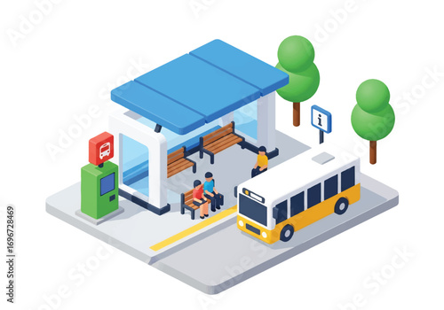 Isometric 3D view of a bus station with terminal building, buses, covered waiting area, benches, and passengers, representing public transport, travel, commuting, and urban infrastructure concepts