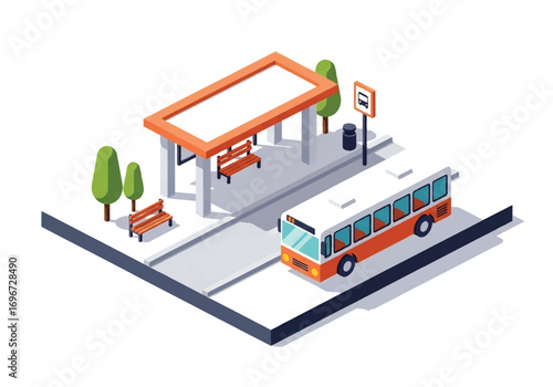 Isometric 3D view of a bus station with terminal building, buses, covered waiting area, benches, and passengers, representing public transport, travel, commuting, and urban infrastructure concepts