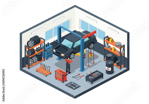 Isometric 3D view of an auto repair shop with mechanic, car lift, tools, tires, and equipment, representing vehicle maintenance, automotive service, workshop, and transportation concepts