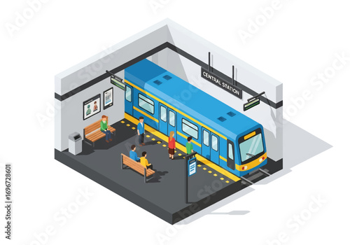 Isometric 3D view of a subway station with train, passengers, ticket machines, and seating area, representing urban transport, commuting, city infrastructure, and public transit concepts