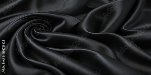 Close-up of Draped Black Satin Fabric. A close-up view of luxurious black satin fabric with dramatic folds and drapes.	
